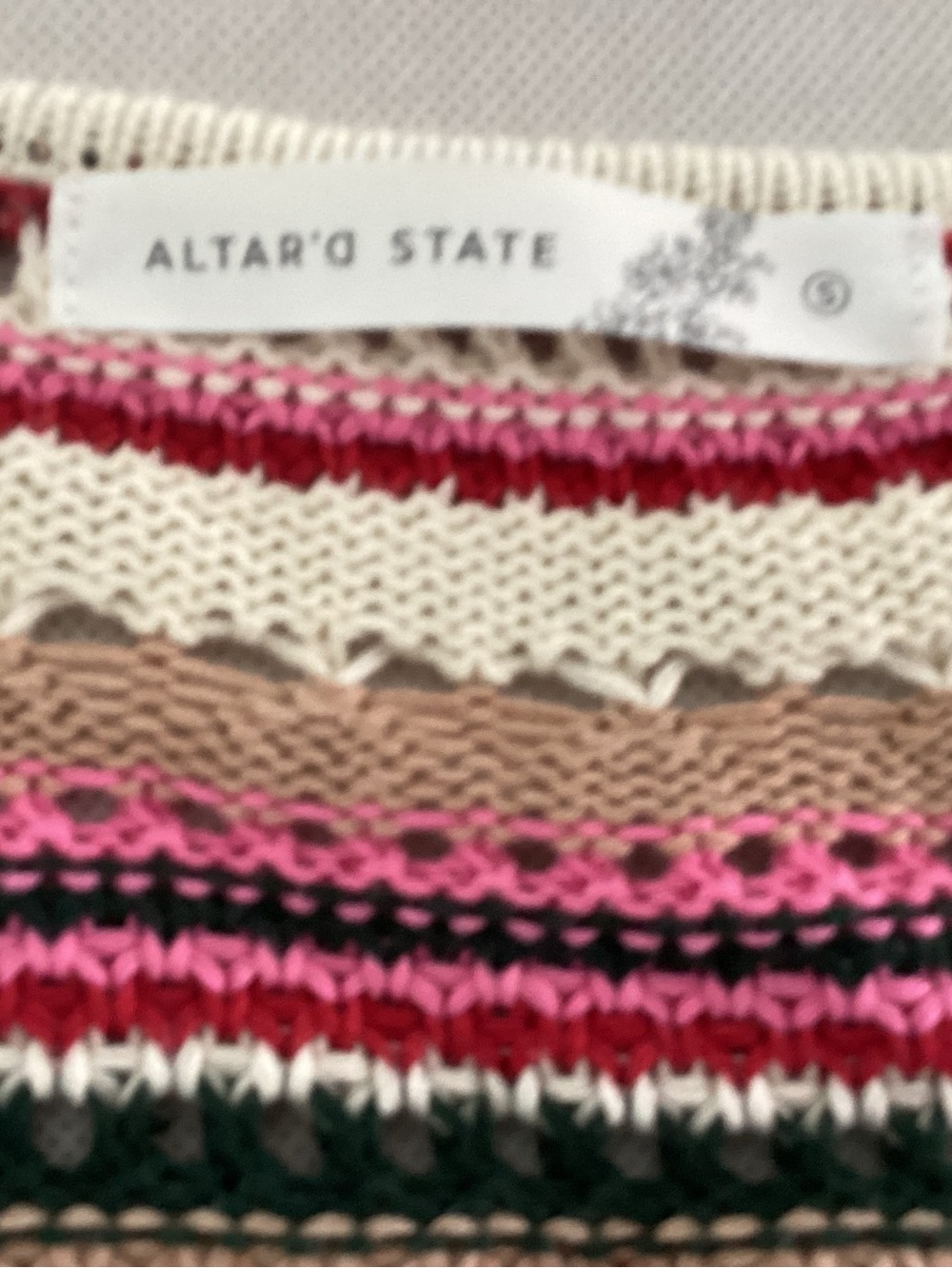 Altar'd State Pink Cream Brown Striped Crochet Tie-Front V-Neck Sweater Top #15 - Picture 2 of 4